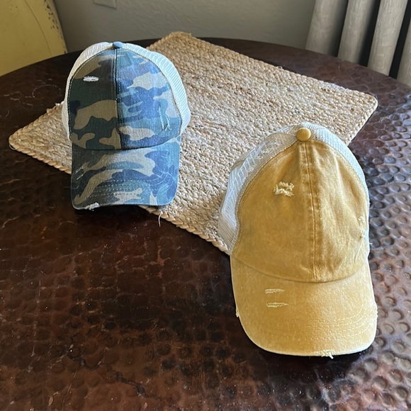 “TWO” women’s distressed ball caps adjustable & made for pony tails. “New” - Picture 1 of 8